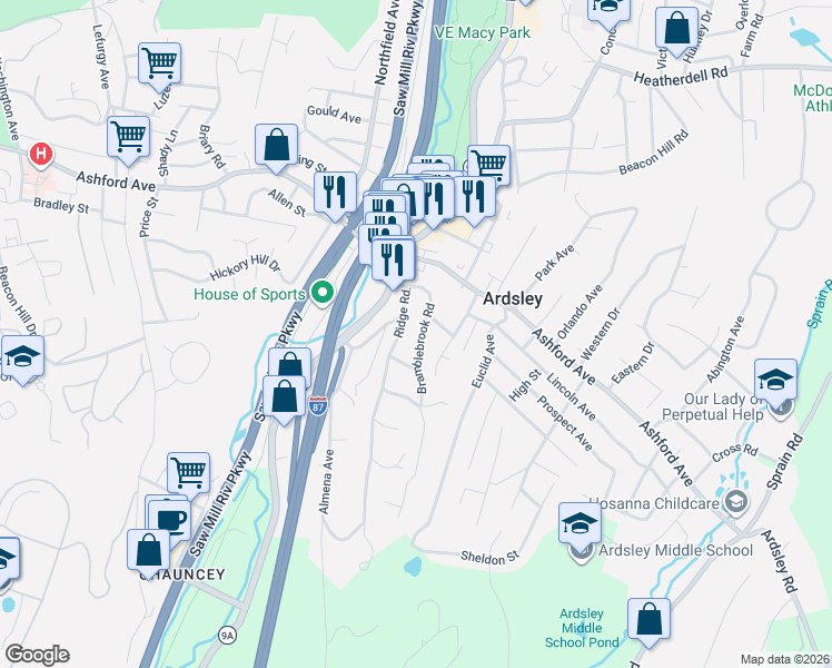 map of restaurants, bars, coffee shops, grocery stores, and more near 23 Ridge Road in Ardsley