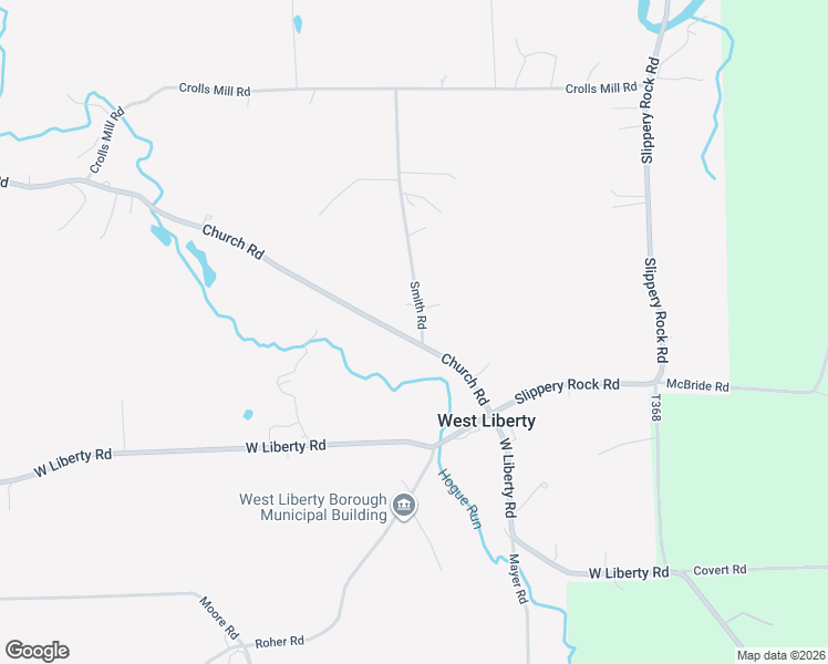 map of restaurants, bars, coffee shops, grocery stores, and more near 121 Church Road in Slippery Rock