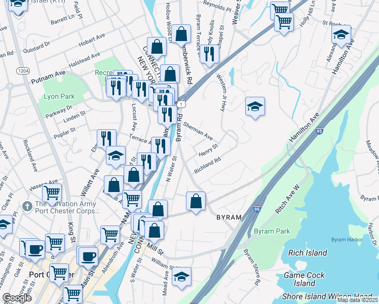 map of restaurants, bars, coffee shops, grocery stores, and more near 81 Byram Road in Greenwich