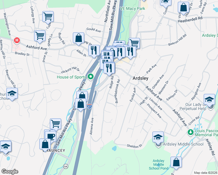 map of restaurants, bars, coffee shops, grocery stores, and more near 23 Ridge Road in Ardsley