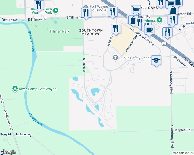 map of restaurants, bars, coffee shops, grocery stores, and more near 2 Prestwick Square Drive in Fort Wayne