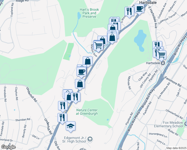 map of restaurants, bars, coffee shops, grocery stores, and more near 330 Central Park Avenue in Scarsdale