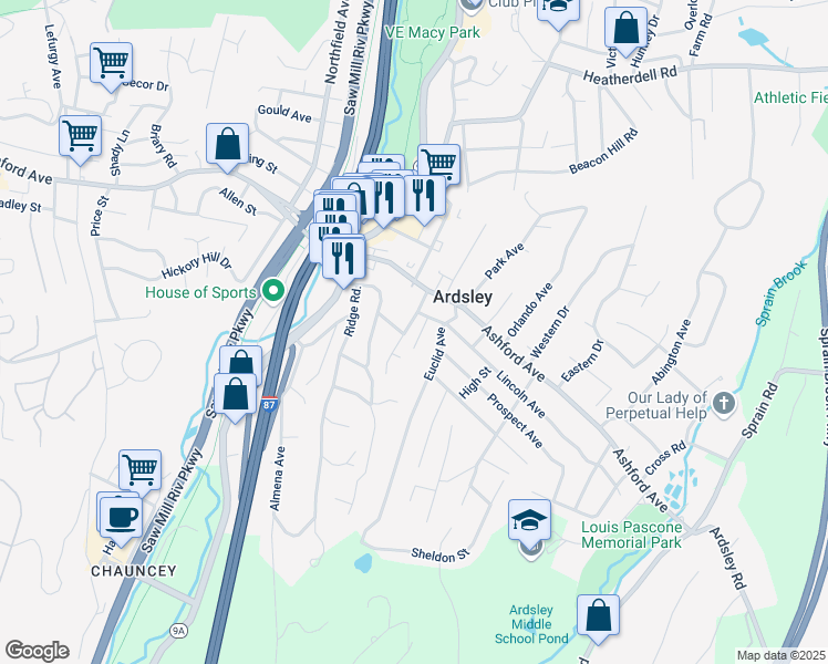 map of restaurants, bars, coffee shops, grocery stores, and more near 5 Lincoln Avenue in Ardsley