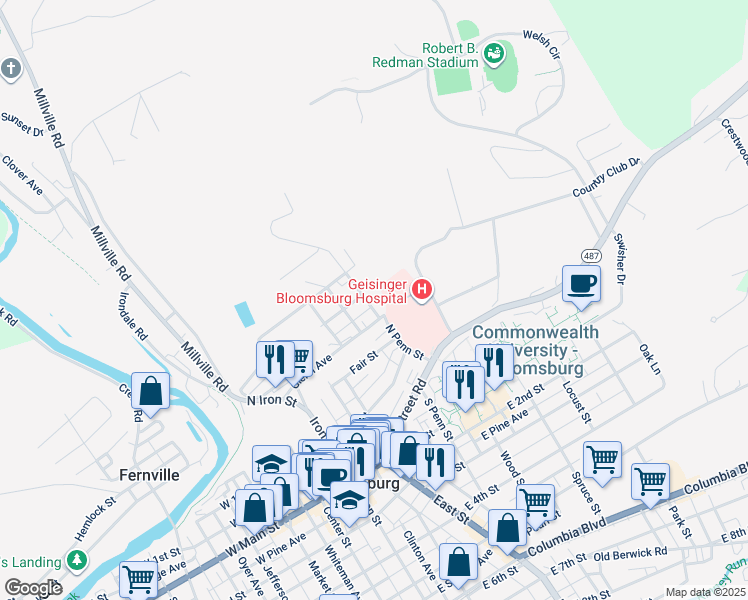 map of restaurants, bars, coffee shops, grocery stores, and more near 10 Franklin Street in Bloomsburg
