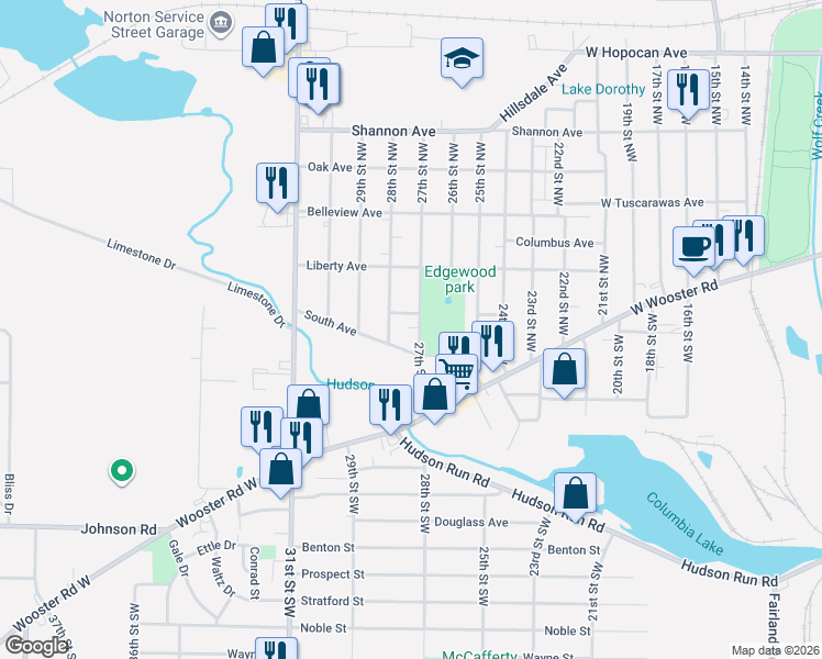 map of restaurants, bars, coffee shops, grocery stores, and more near 73 28th Street Northwest in Barberton