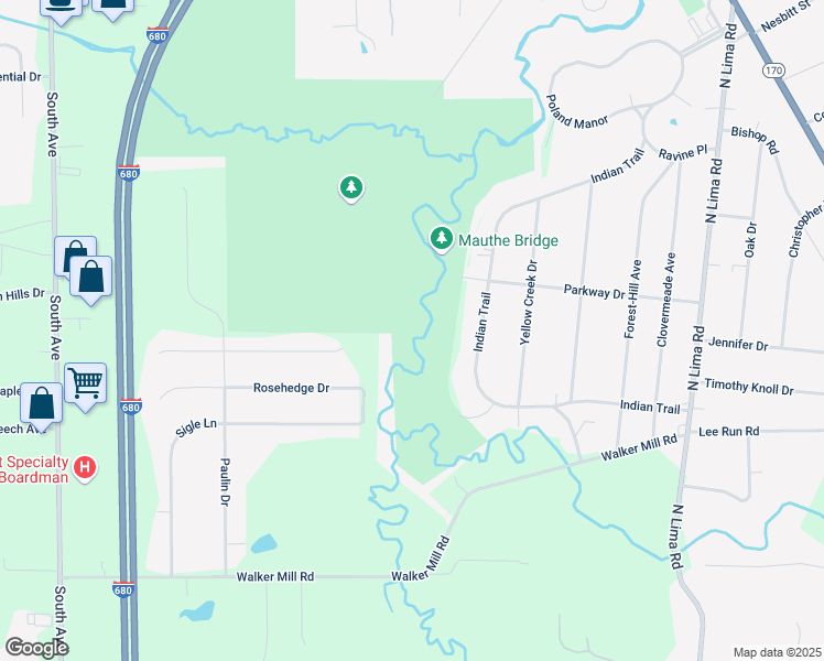 map of restaurants, bars, coffee shops, grocery stores, and more near 7504 Indian Trail in Poland