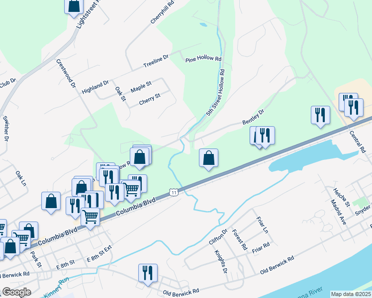 map of restaurants, bars, coffee shops, grocery stores, and more near 8 Bittersweet Drive in Bloomsburg