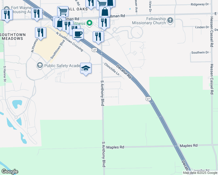 map of restaurants, bars, coffee shops, grocery stores, and more near 2015 Fox Point Trl in Fort Wayne