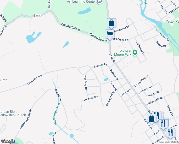 map of restaurants, bars, coffee shops, grocery stores, and more near 2166 Westbury Drive in Stroudsburg