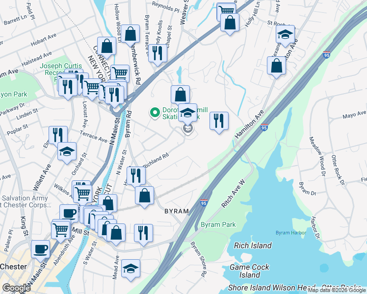 map of restaurants, bars, coffee shops, grocery stores, and more near 75 Richland Road in Greenwich