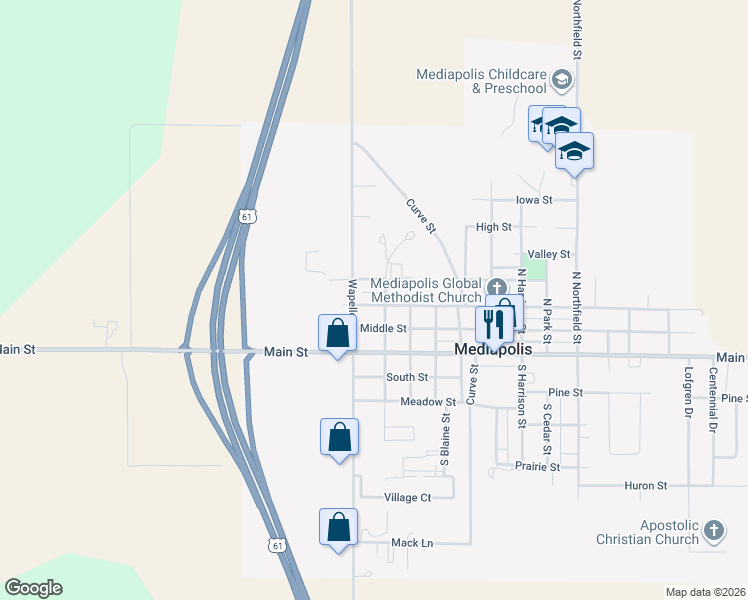 map of restaurants, bars, coffee shops, grocery stores, and more near 300-398 North Patsy Street in Mediapolis