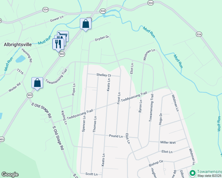 map of restaurants, bars, coffee shops, grocery stores, and more near 206 Keats Lane in Albrightsville