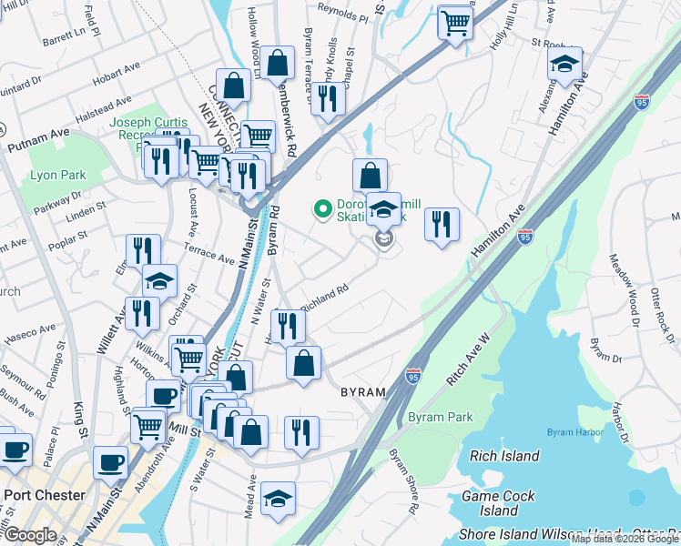 map of restaurants, bars, coffee shops, grocery stores, and more near 179 Henry Street in Greenwich