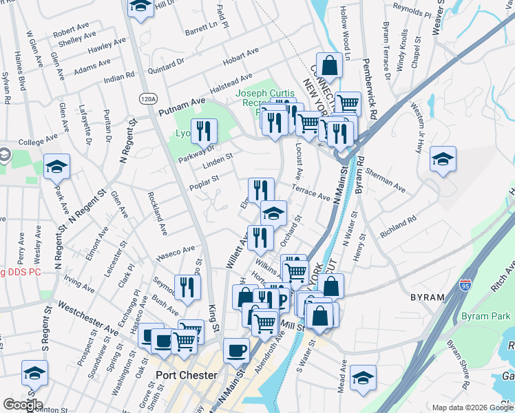 map of restaurants, bars, coffee shops, grocery stores, and more near 424 Elm Street in Port Chester