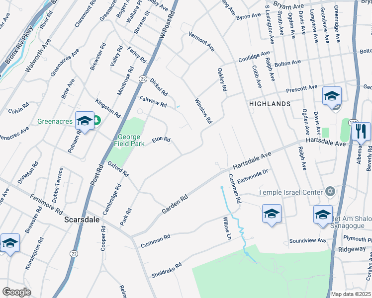 map of restaurants, bars, coffee shops, grocery stores, and more near 35 Eton Road in Scarsdale