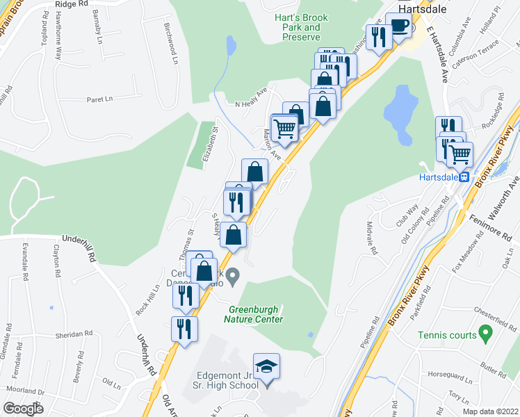 map of restaurants, bars, coffee shops, grocery stores, and more near 330 Central Park Avenue in Scarsdale