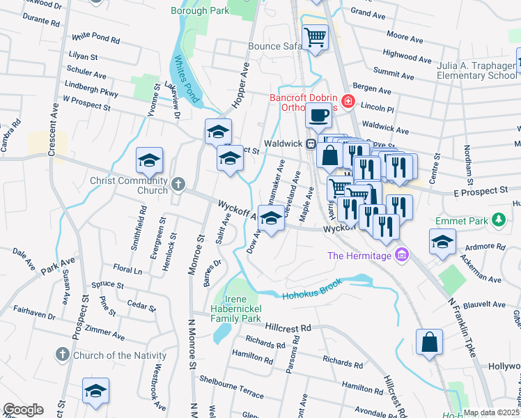 map of restaurants, bars, coffee shops, grocery stores, and more near 9 Vernon Court in Waldwick