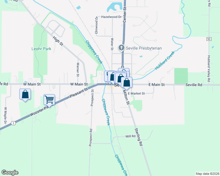 map of restaurants, bars, coffee shops, grocery stores, and more near 43 West Main Street in Seville