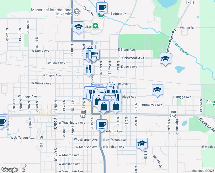 map of restaurants, bars, coffee shops, grocery stores, and more near 300 North Court Street in Fairfield