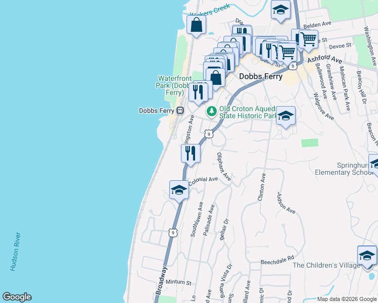 map of restaurants, bars, coffee shops, grocery stores, and more near 189 Broadway in Dobbs Ferry