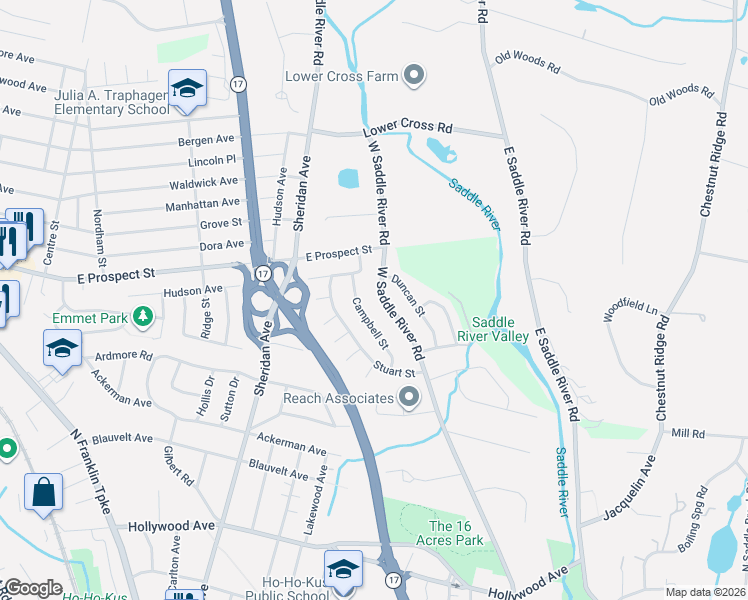 map of restaurants, bars, coffee shops, grocery stores, and more near 53 West Saddle River Road in Waldwick