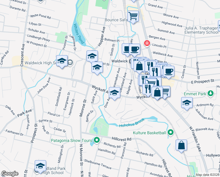 map of restaurants, bars, coffee shops, grocery stores, and more near 9 Vernon Court in Waldwick