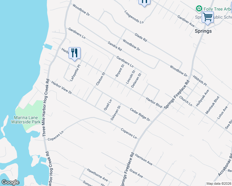 map of restaurants, bars, coffee shops, grocery stores, and more near 47 Lincoln Avenue in East Hampton