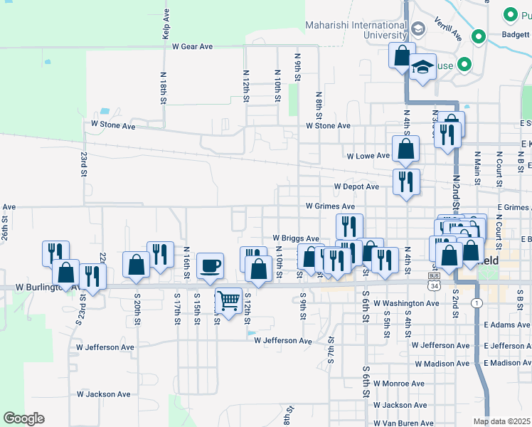 map of restaurants, bars, coffee shops, grocery stores, and more near 1066-1130 West Grimes Avenue in Fairfield