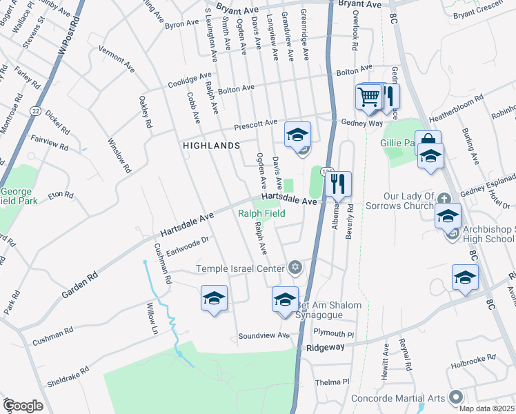 map of restaurants, bars, coffee shops, grocery stores, and more near 101 Hartsdale Avenue in White Plains