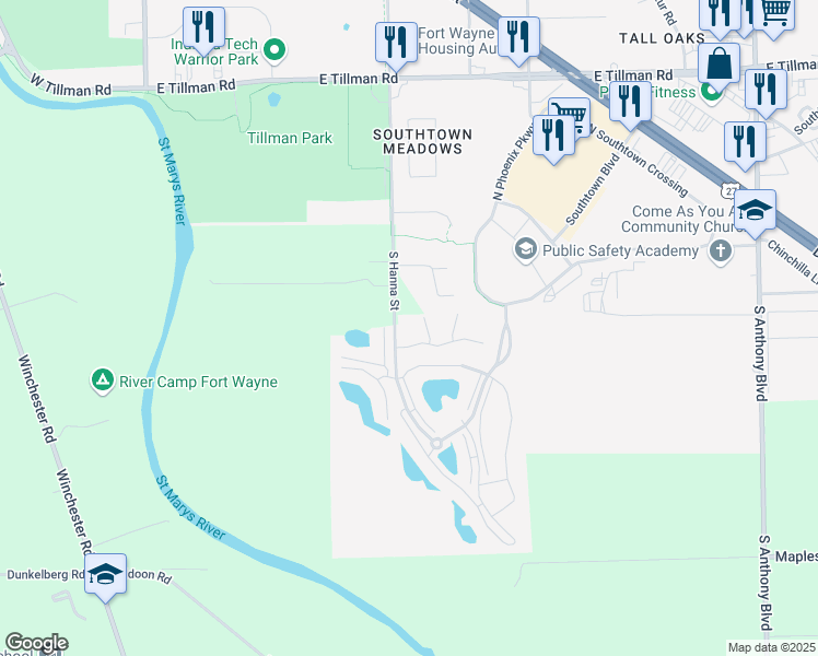map of restaurants, bars, coffee shops, grocery stores, and more near 7900 Hanna Street in Fort Wayne