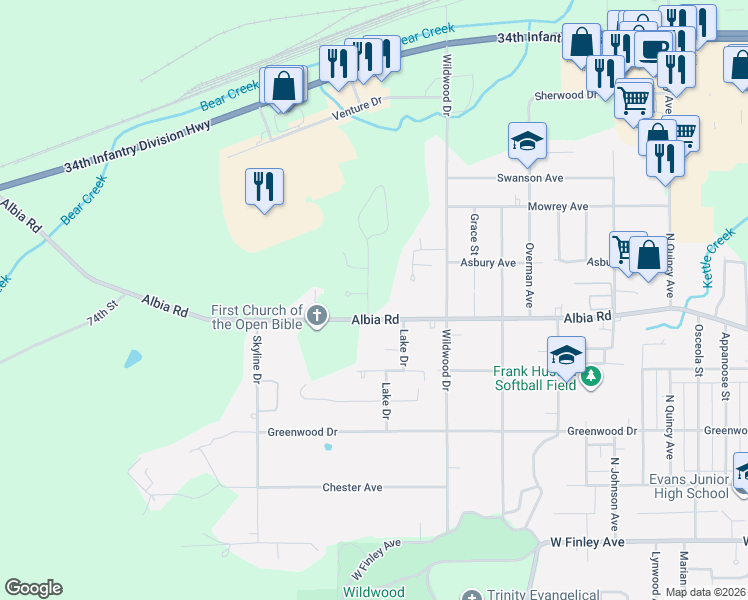 map of restaurants, bars, coffee shops, grocery stores, and more near 2 Sussex Place in Ottumwa
