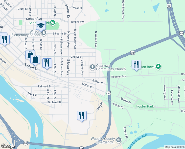 map of restaurants, bars, coffee shops, grocery stores, and more near 1800 Schworm Street in Ottumwa