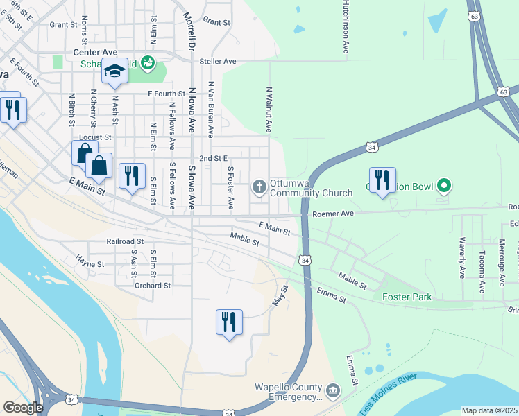 map of restaurants, bars, coffee shops, grocery stores, and more near 1800 Schworm Street in Ottumwa