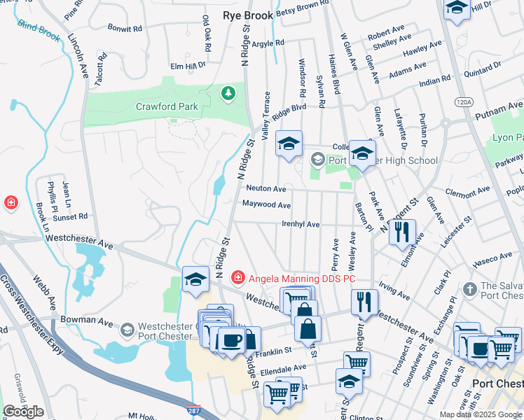 map of restaurants, bars, coffee shops, grocery stores, and more near 10 Maywood Avenue in Rye Brook
