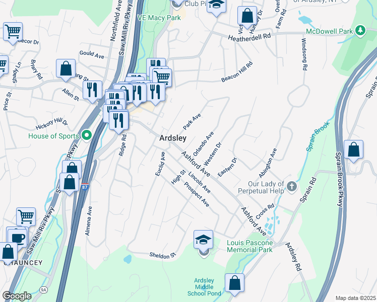 map of restaurants, bars, coffee shops, grocery stores, and more near 10 Fairmont Avenue in Ardsley