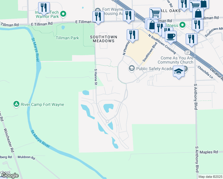 map of restaurants, bars, coffee shops, grocery stores, and more near 2 Prestwick Square Drive in Fort Wayne