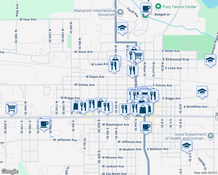 map of restaurants, bars, coffee shops, grocery stores, and more near 302 North 5th Street in Fairfield