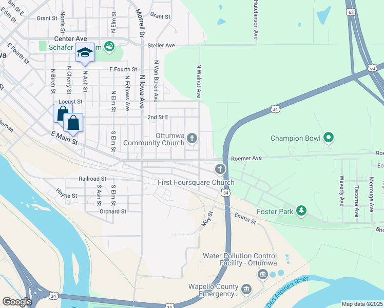 map of restaurants, bars, coffee shops, grocery stores, and more near 317 North Walnut Avenue in Ottumwa