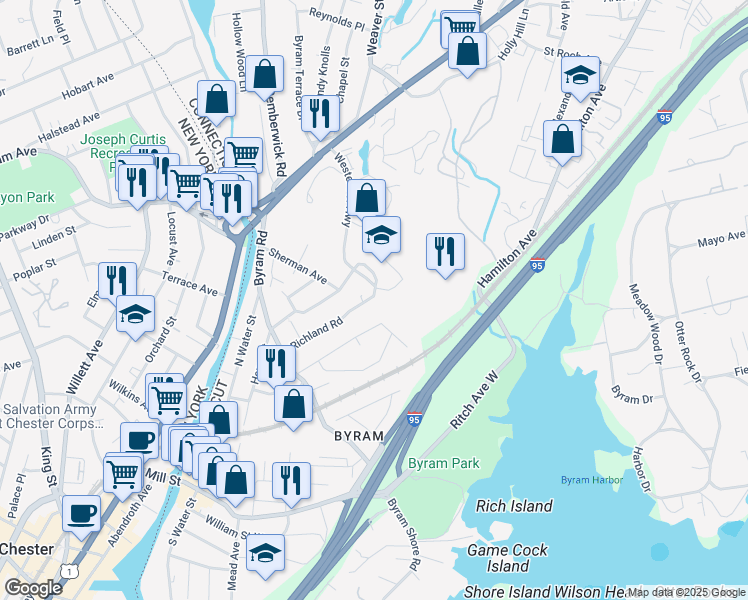 map of restaurants, bars, coffee shops, grocery stores, and more near 75A Richland Road in Greenwich