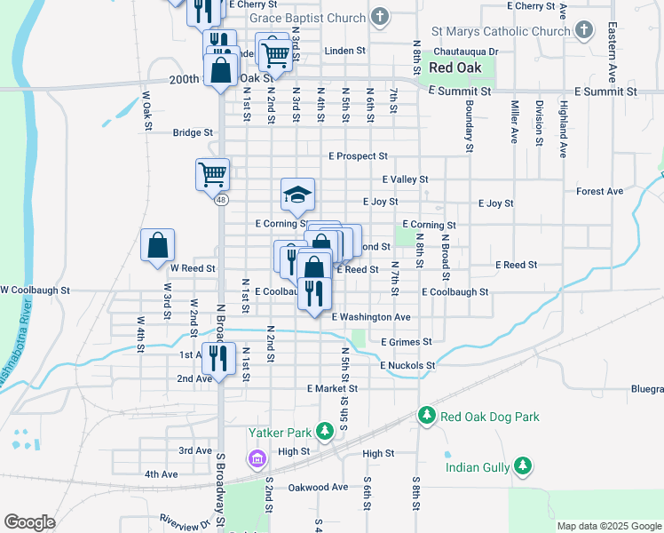 map of restaurants, bars, coffee shops, grocery stores, and more near 411 East Reed Street in Red Oak