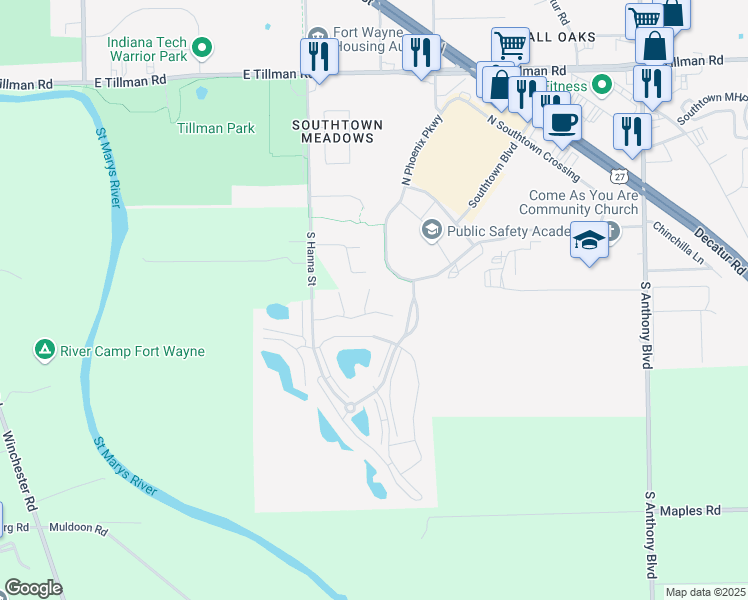 map of restaurants, bars, coffee shops, grocery stores, and more near 2 Prestwick Square Drive in Fort Wayne