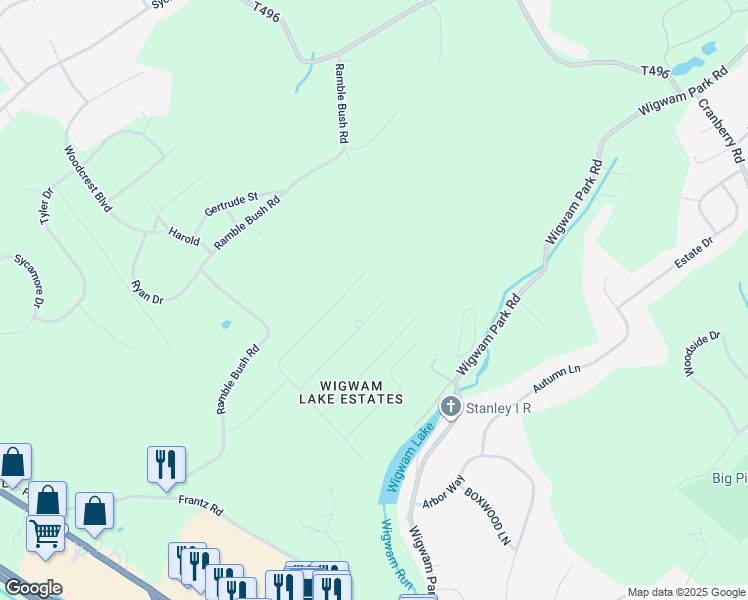 map of restaurants, bars, coffee shops, grocery stores, and more near 2551 Shagbark Lane in Stroudsburg
