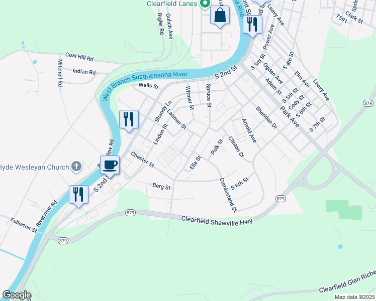 map of restaurants, bars, coffee shops, grocery stores, and more near 433 Spruce Street in Clearfield