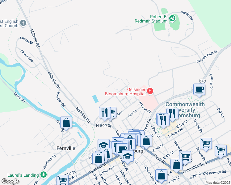 map of restaurants, bars, coffee shops, grocery stores, and more near 275 Wirt St in Bloomsburg