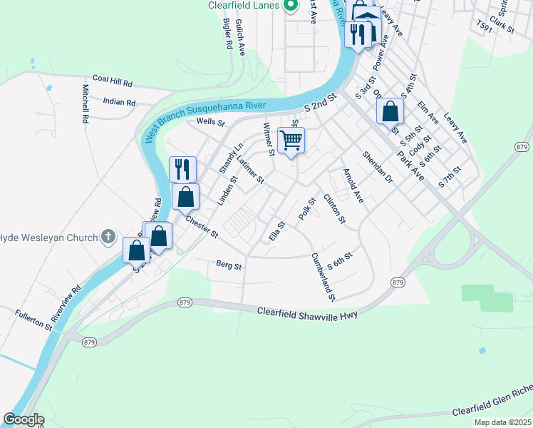 map of restaurants, bars, coffee shops, grocery stores, and more near 433 Spruce Street in Clearfield
