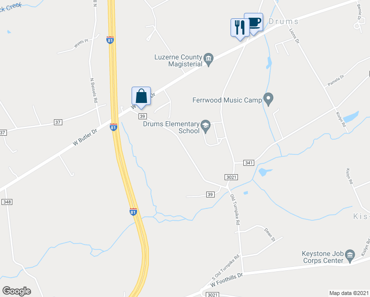 map of restaurants, bars, coffee shops, grocery stores, and more near South Beisels Road in Drums
