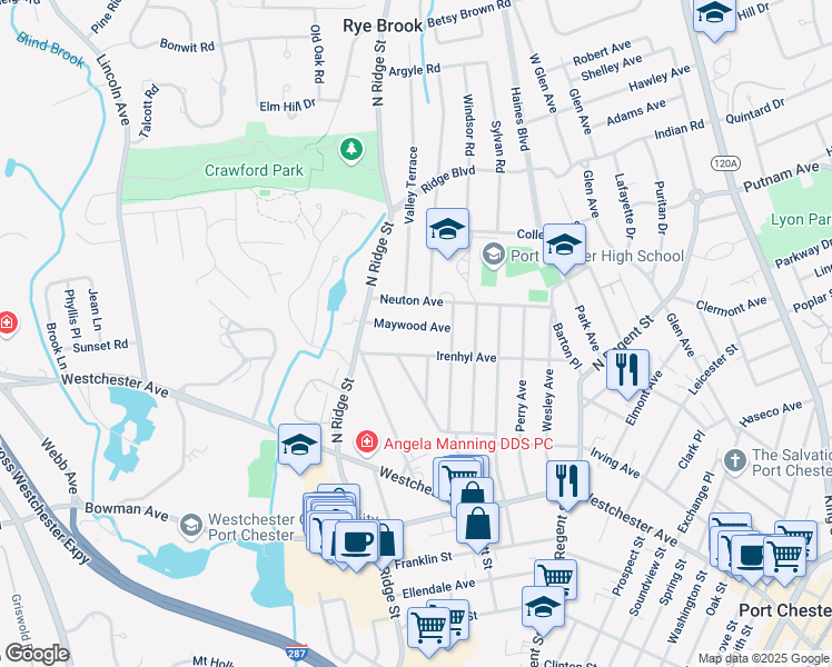 map of restaurants, bars, coffee shops, grocery stores, and more near 10 Maywood Avenue in Rye Brook