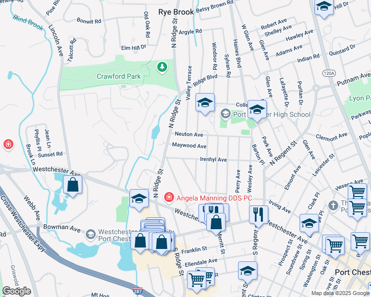 map of restaurants, bars, coffee shops, grocery stores, and more near 10 Maywood Avenue in Rye Brook