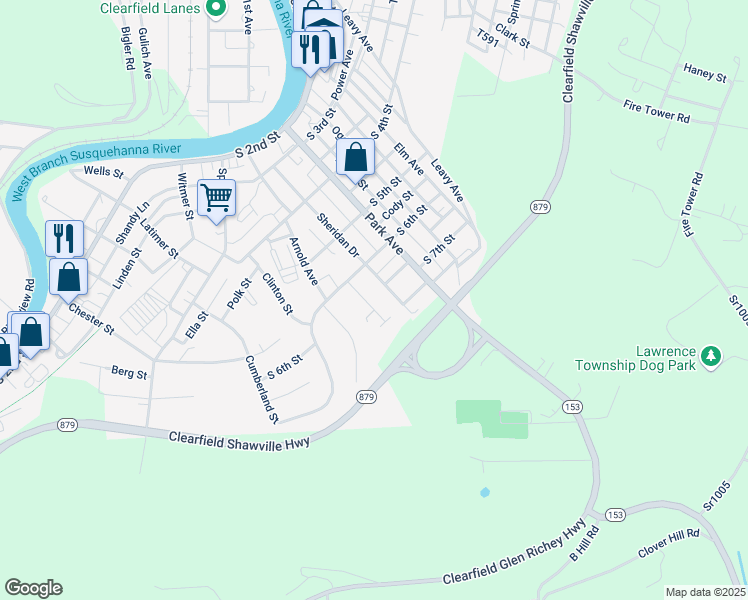 map of restaurants, bars, coffee shops, grocery stores, and more near 607 Cambria Drive in Clearfield