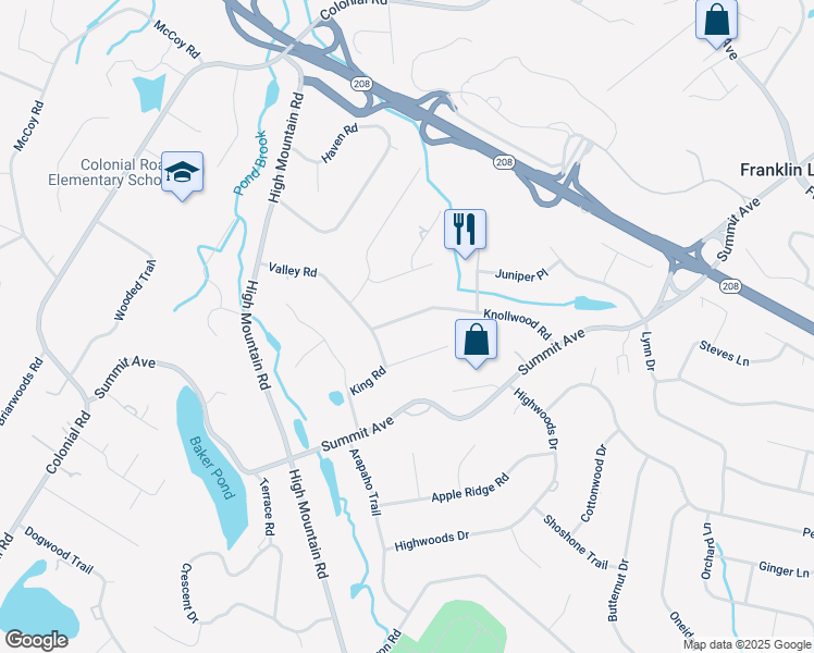 map of restaurants, bars, coffee shops, grocery stores, and more near 696 Knollwood Road in Franklin Lakes